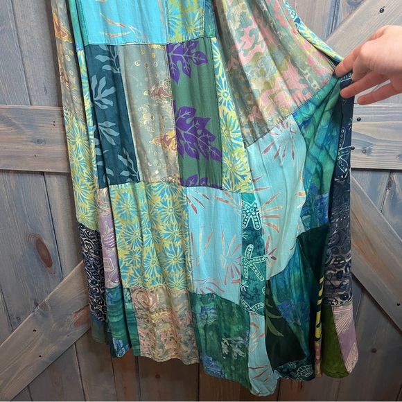 90s Hippie Blue Green Boho Maxi Sundress with Scoop Neck Size Small Rayon - Picture 5 of 9